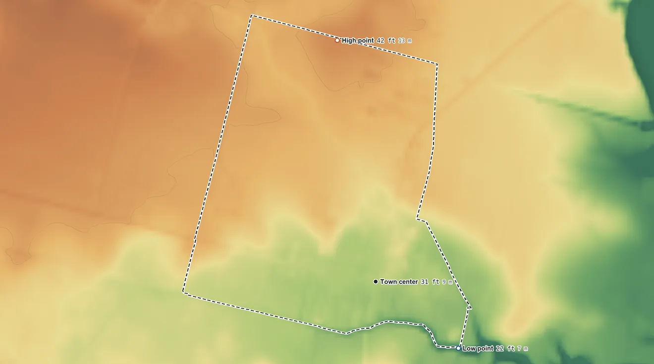 Topographic elevation map of Tivoli, Texas, shaded from 22 ft on the southeast side to 42 ft on the north side
