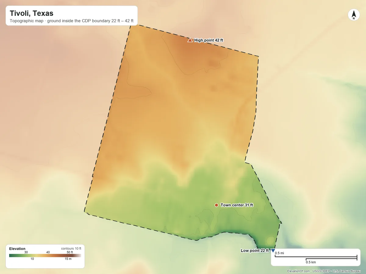 Topographic elevation map of Tivoli, Texas, shaded from 22 ft on the southeast side to 42 ft on the north side