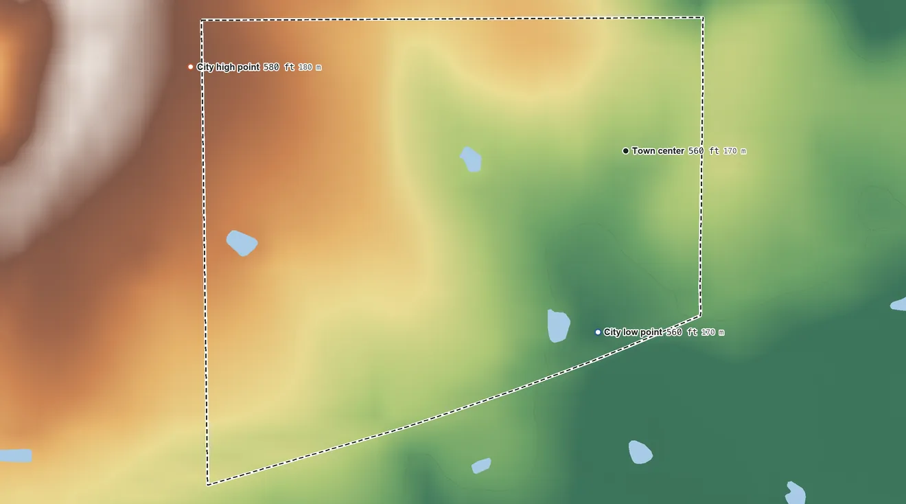 Topographic elevation map of Toco, Texas, shaded from 560 ft on the south side to 580 ft on the west side