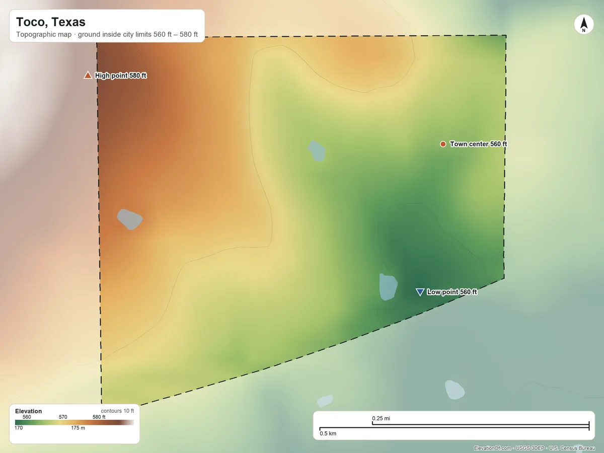 Topographic elevation map of Toco, Texas, shaded from 560 ft on the south side to 580 ft on the west side