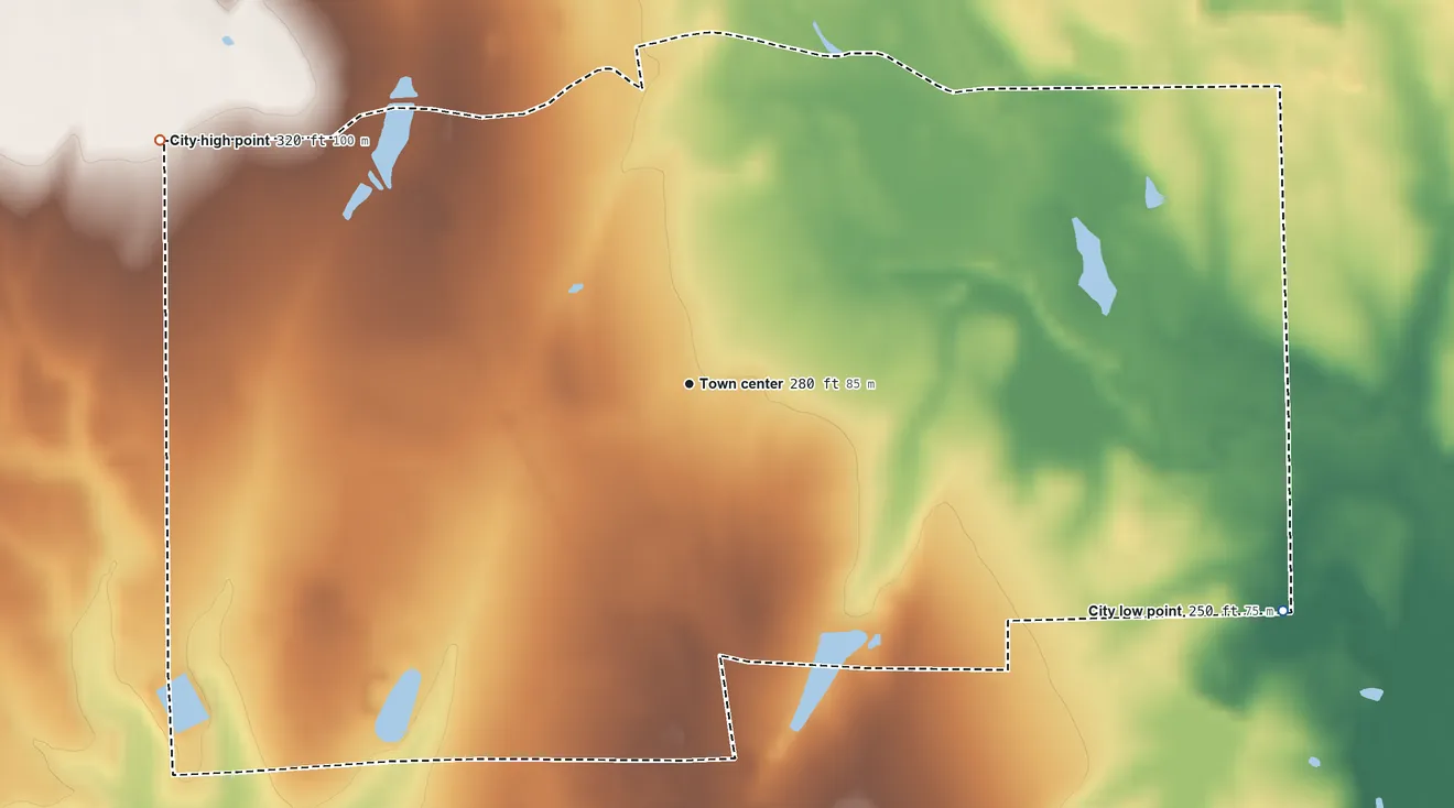 Topographic elevation map of Todd Mission, Texas, shaded from 250 ft on the east side to 320 ft on the northwest side