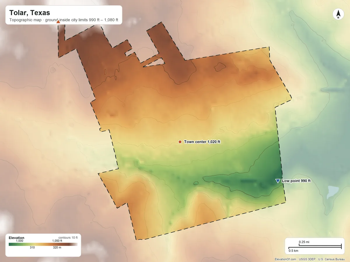 Topographic elevation map of Tolar, Texas, shaded from 990 ft on the east side to 1,080 ft on the northwest side