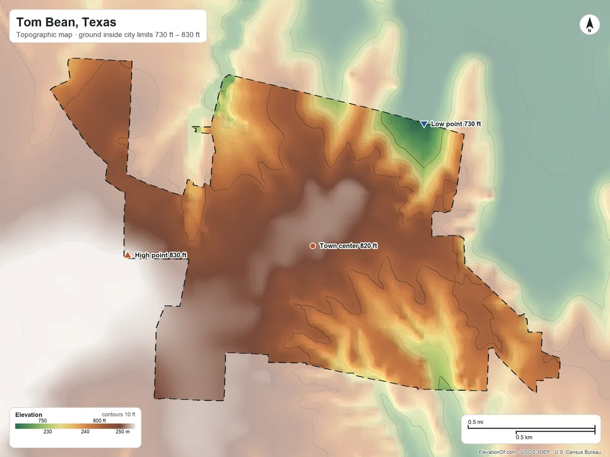 Topographic elevation map of Tom Bean, Texas, shaded from 730 ft on the northeast side to 830 ft on the west side