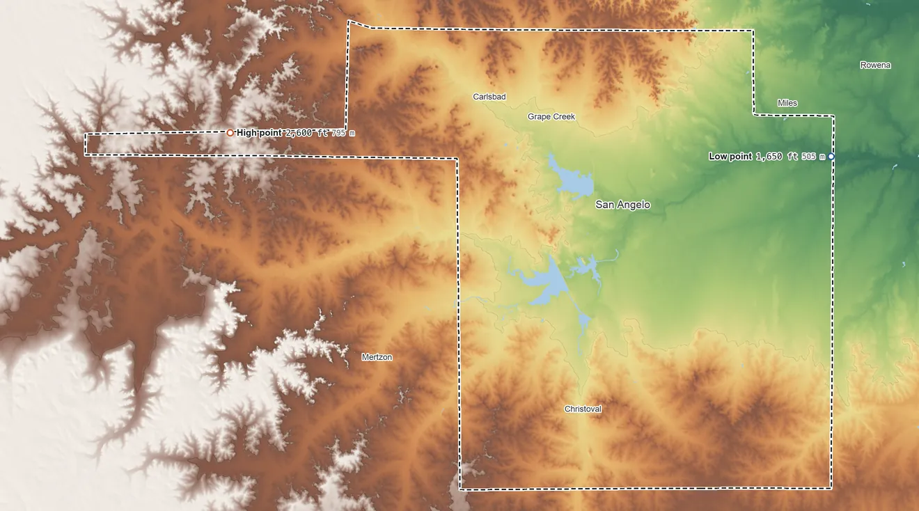 Topographic elevation map of Tom Green County, Texas, shaded from 1,650 ft on the east side to 2,600 ft on the northwest side