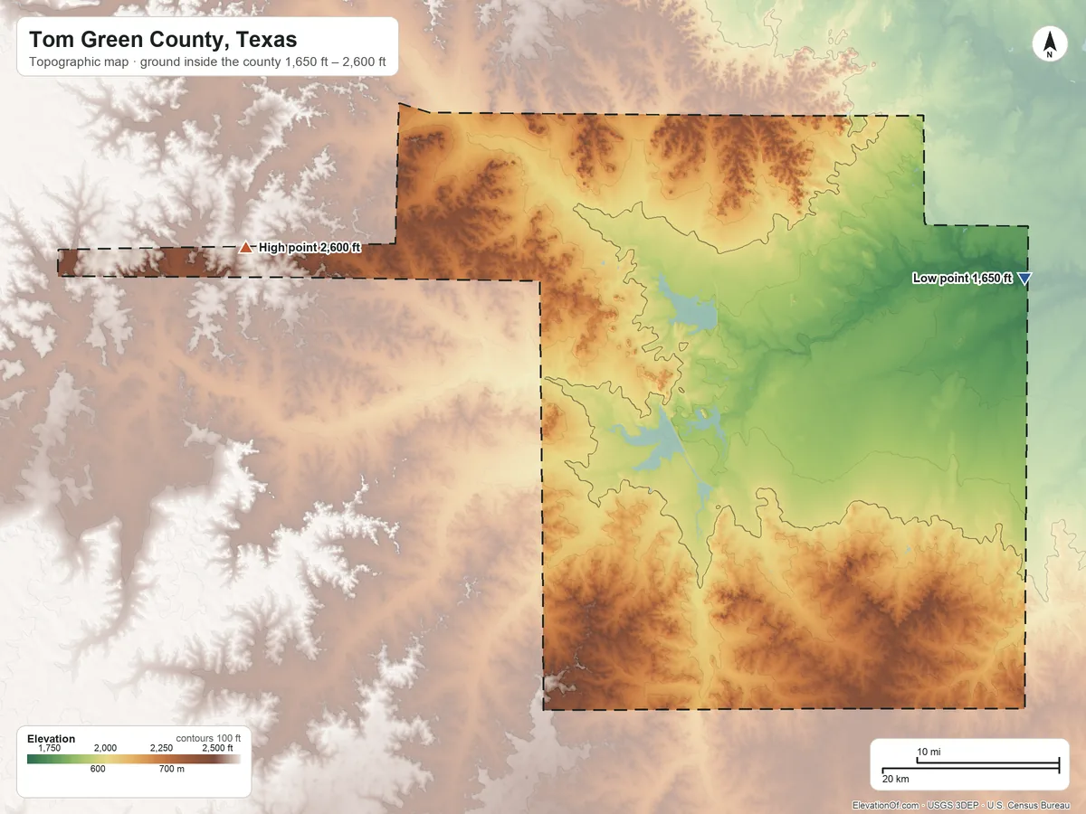 Topographic elevation map of Tom Green County, Texas, shaded from 1,650 ft on the east side to 2,600 ft on the northwest side