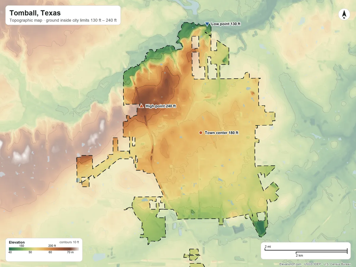 Topographic elevation map of Tomball, Texas, shaded from 130 ft on the north side to 240 ft on the northwest side