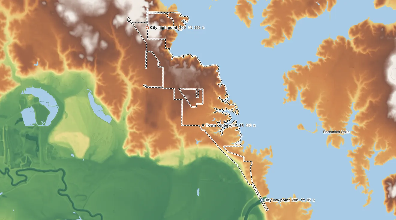 Topographic elevation map of Tool, Texas, shaded from 280 ft on the southeast side to 390 ft on the northwest side