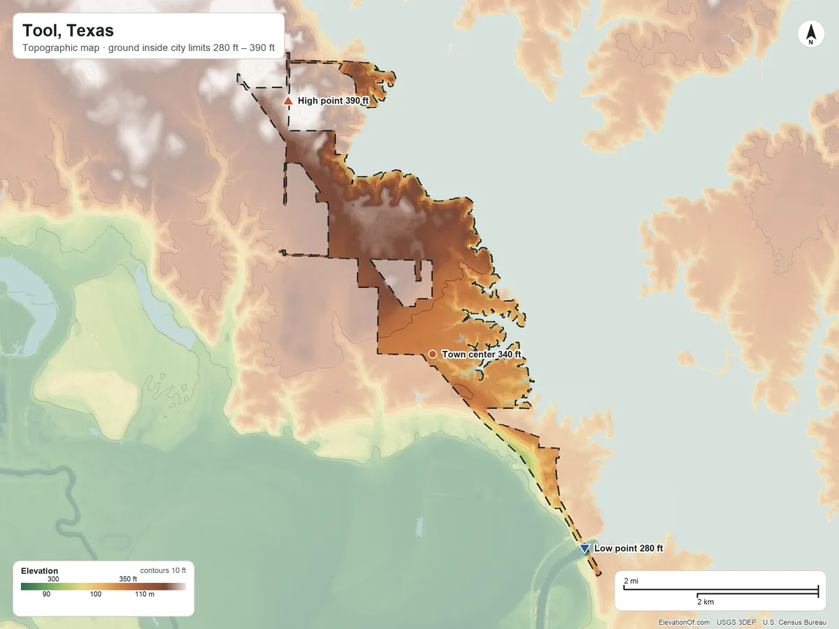 Topographic elevation map of Tool, Texas, shaded from 280 ft on the southeast side to 390 ft on the northwest side