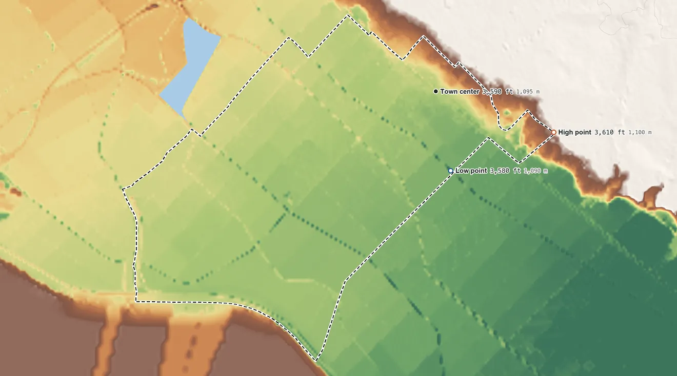 Topographic elevation map of Tornillo, Texas, shaded from 3,580 ft on the south side to 3,610 ft on the east side