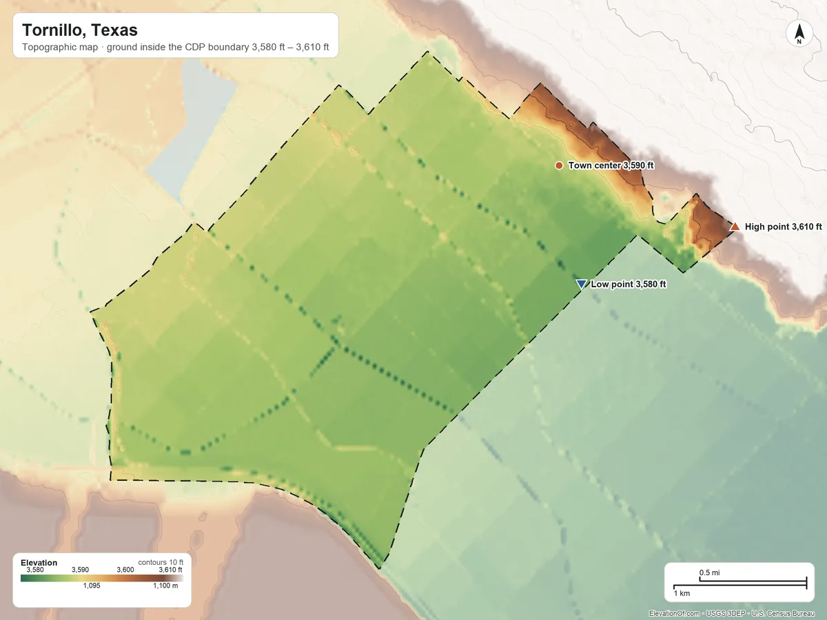 Topographic elevation map of Tornillo, Texas, shaded from 3,580 ft on the south side to 3,610 ft on the east side
