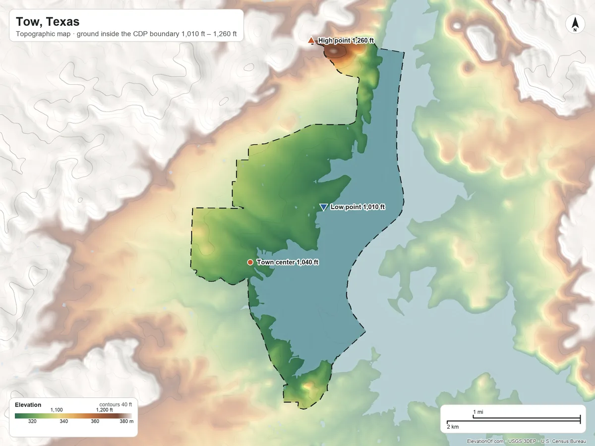 Topographic elevation map of Tow, Texas, shaded from 1,010 ft on the northeast side to 1,260 ft on the north side