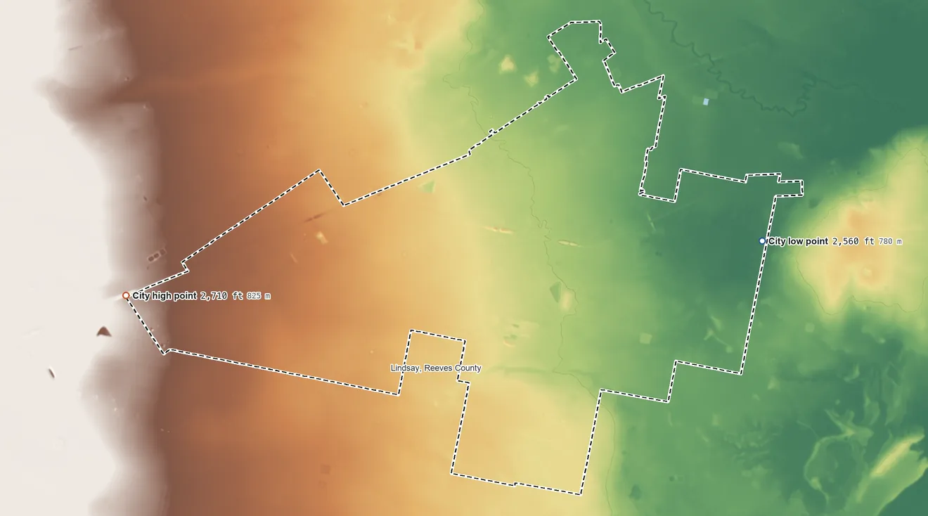 Topographic elevation map of Town of Pecos, Texas, shaded from 2,560 ft on the east side to 2,710 ft on the west side