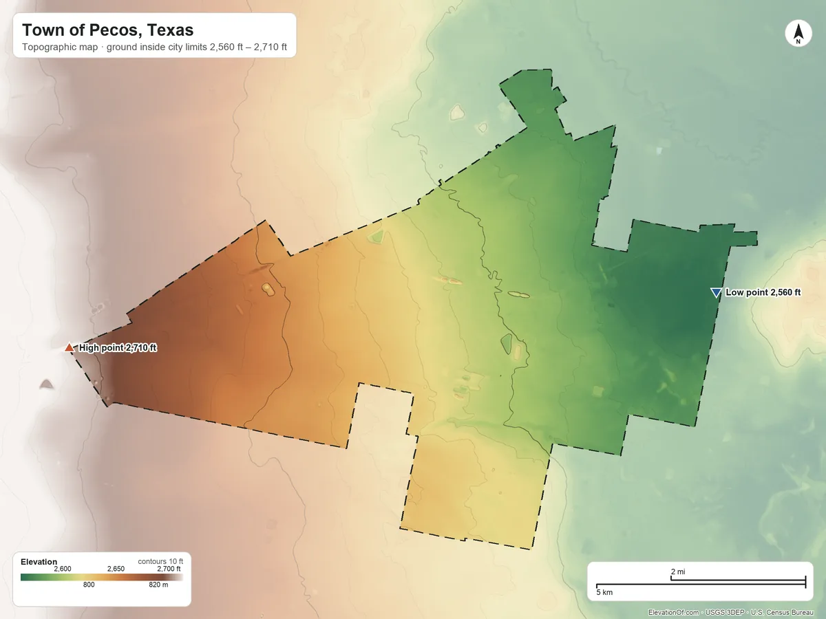 Topographic elevation map of Town of Pecos, Texas, shaded from 2,560 ft on the east side to 2,710 ft on the west side