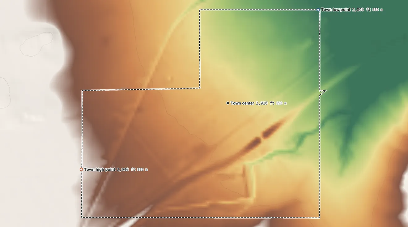 Topographic elevation map of Toyah, Texas, shaded from 2,890 ft on the northeast side to 2,940 ft on the southwest side