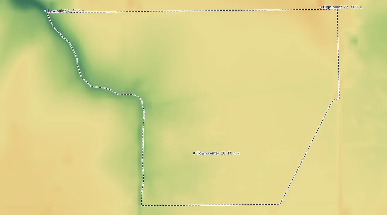 Topographic elevation map of Tradewinds, Texas, shaded from 7 ft on the northwest side to 22 ft on the northeast side