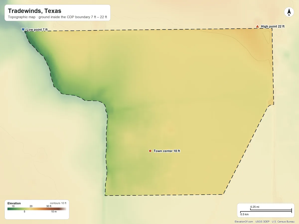Topographic elevation map of Tradewinds, Texas, shaded from 7 ft on the northwest side to 22 ft on the northeast side