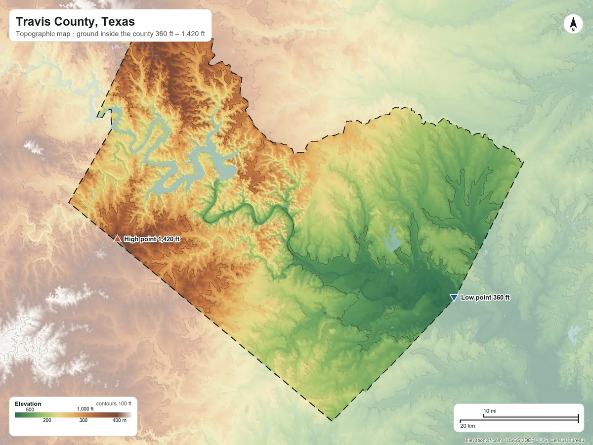 Topographic elevation map of Travis County, Texas, shaded from 360 ft on the southeast side to 1,420 ft on Shingle Hills