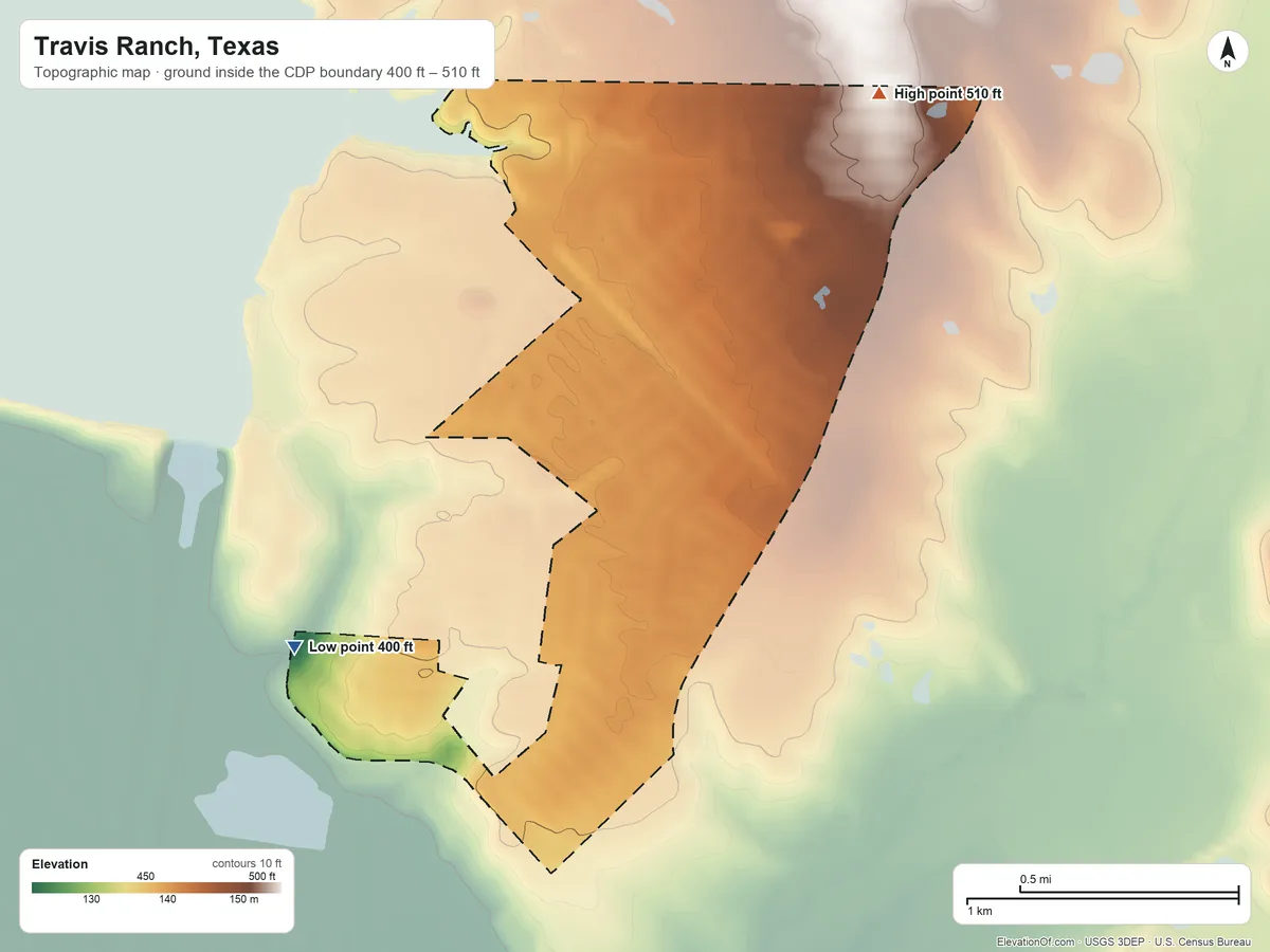 Topographic elevation map of Travis Ranch, Texas, shaded from 400 ft on the southwest side to 510 ft on the northeast side