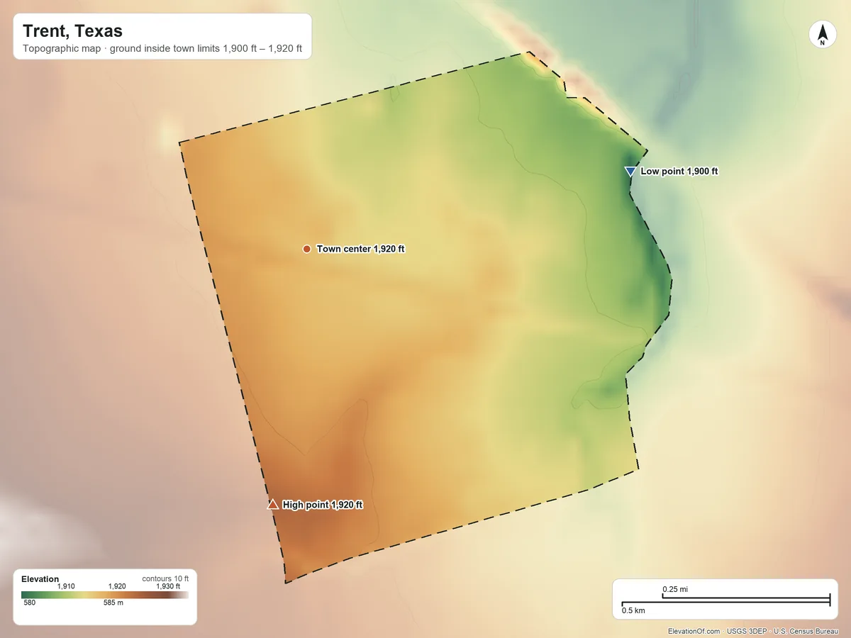 Topographic elevation map of Trent, Texas, shaded from 1,900 ft on the east side to 1,920 ft on the south side