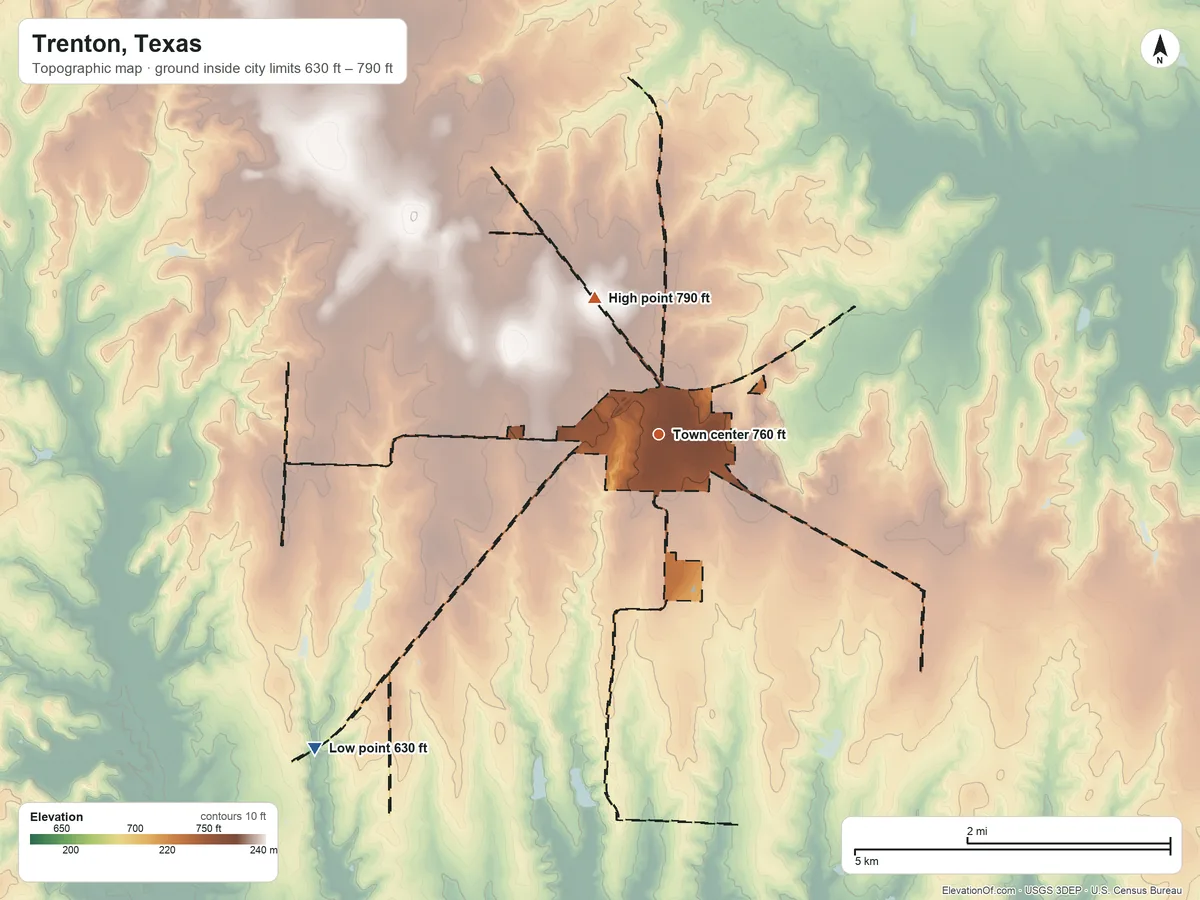 Topographic elevation map of Trenton, Texas, shaded from 630 ft on the southwest side to 790 ft on the northwest side