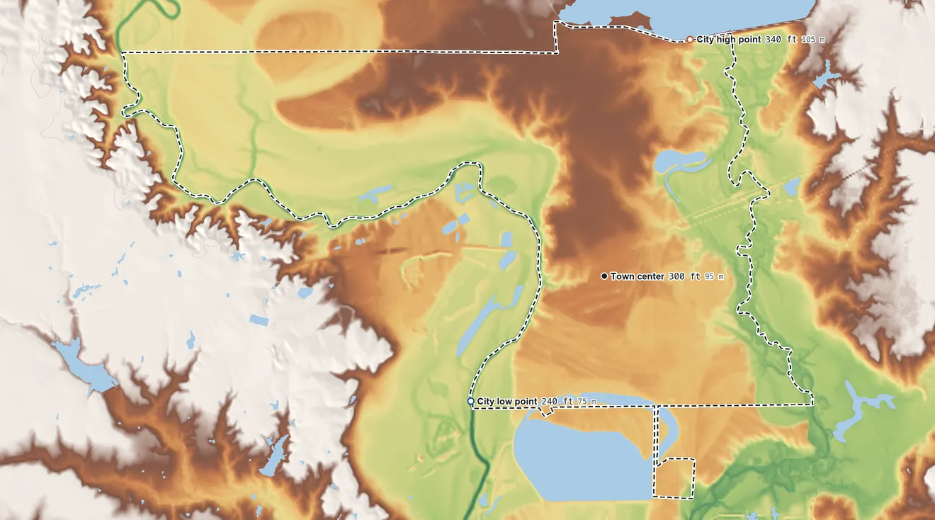 Topographic elevation map of Trinidad, Texas, shaded from 240 ft on the southwest side to 340 ft on the north side
