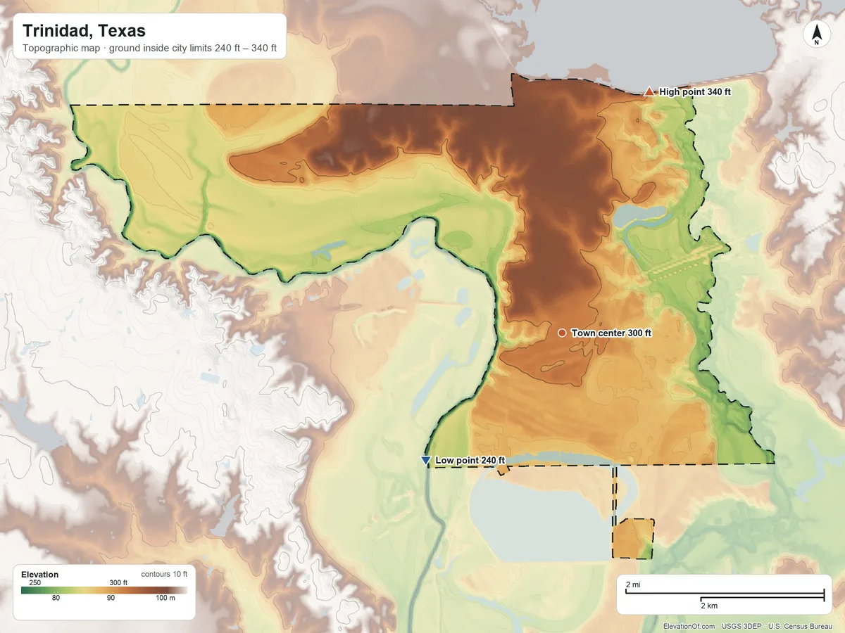 Topographic elevation map of Trinidad, Texas, shaded from 240 ft on the southwest side to 340 ft on the north side