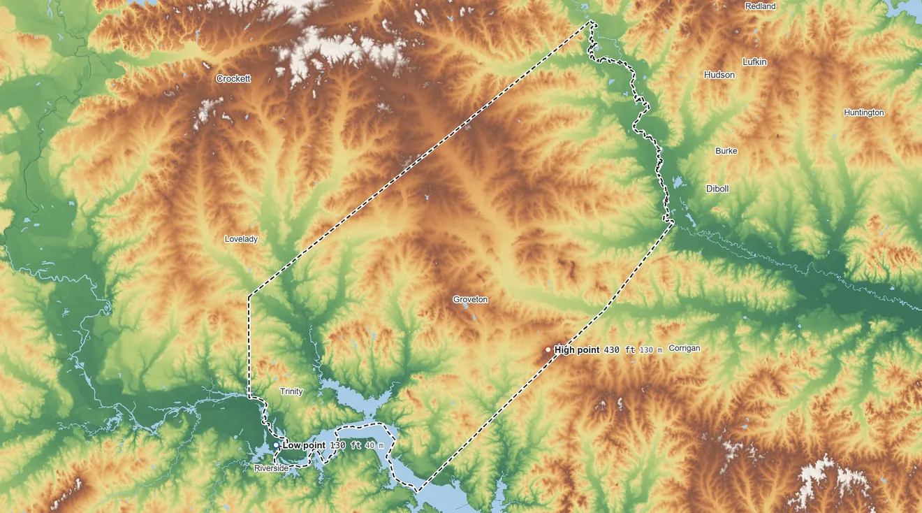 Topographic elevation map of Trinity County, Texas, shaded from 130 ft on the southwest side to 430 ft on the southeast side