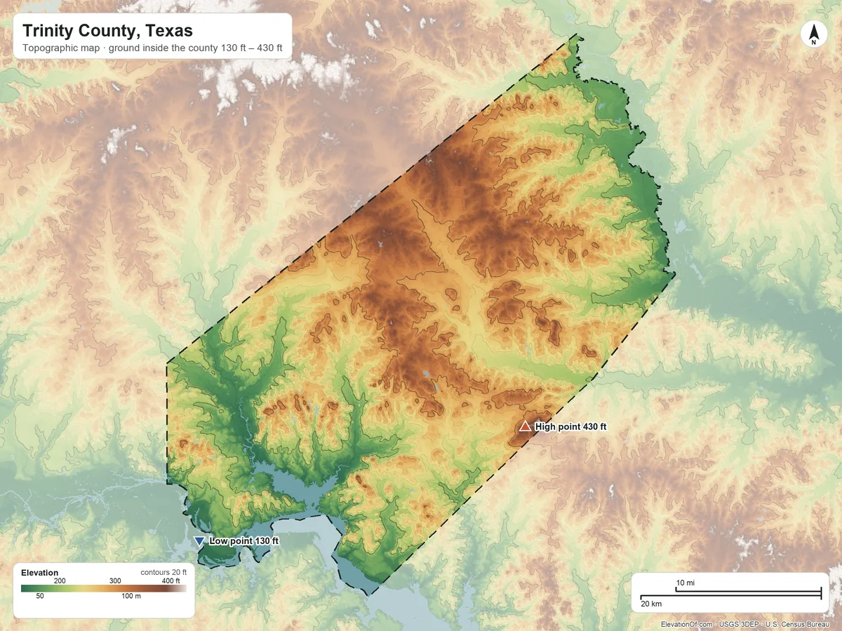 Topographic elevation map of Trinity County, Texas, shaded from 130 ft on the southwest side to 430 ft on the southeast side