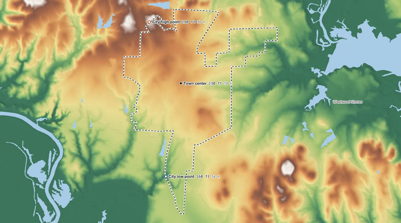 Topographic elevation map of Trinity, Texas, shaded from 160 ft on the south side to 290 ft on the northwest side