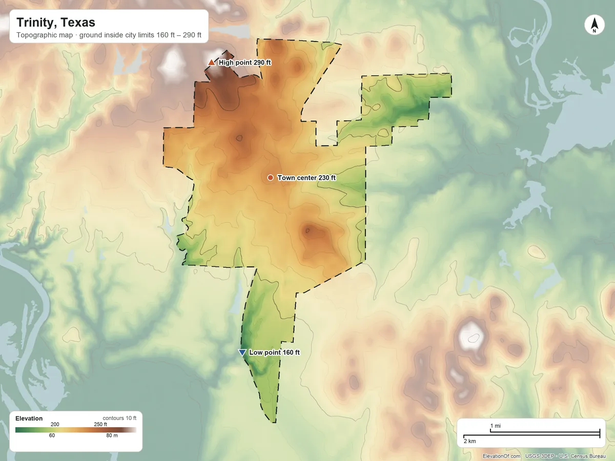 Topographic elevation map of Trinity, Texas, shaded from 160 ft on the south side to 290 ft on the northwest side