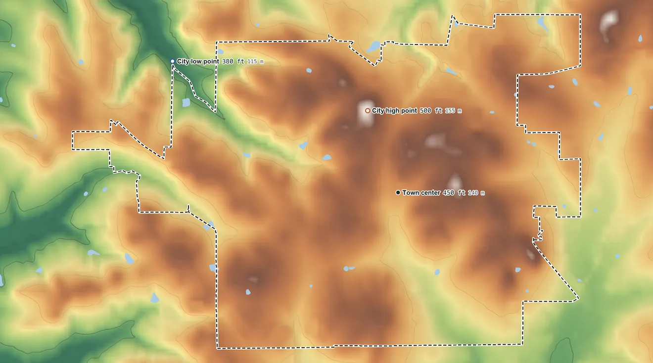 Topographic elevation map of Troup, Texas, shaded from 380 ft on the northwest side to 500 ft on the north side