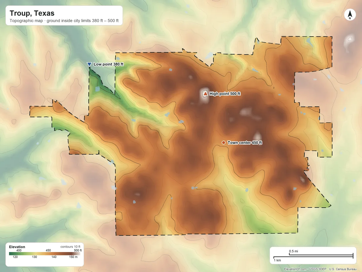 Topographic elevation map of Troup, Texas, shaded from 380 ft on the northwest side to 500 ft on the north side