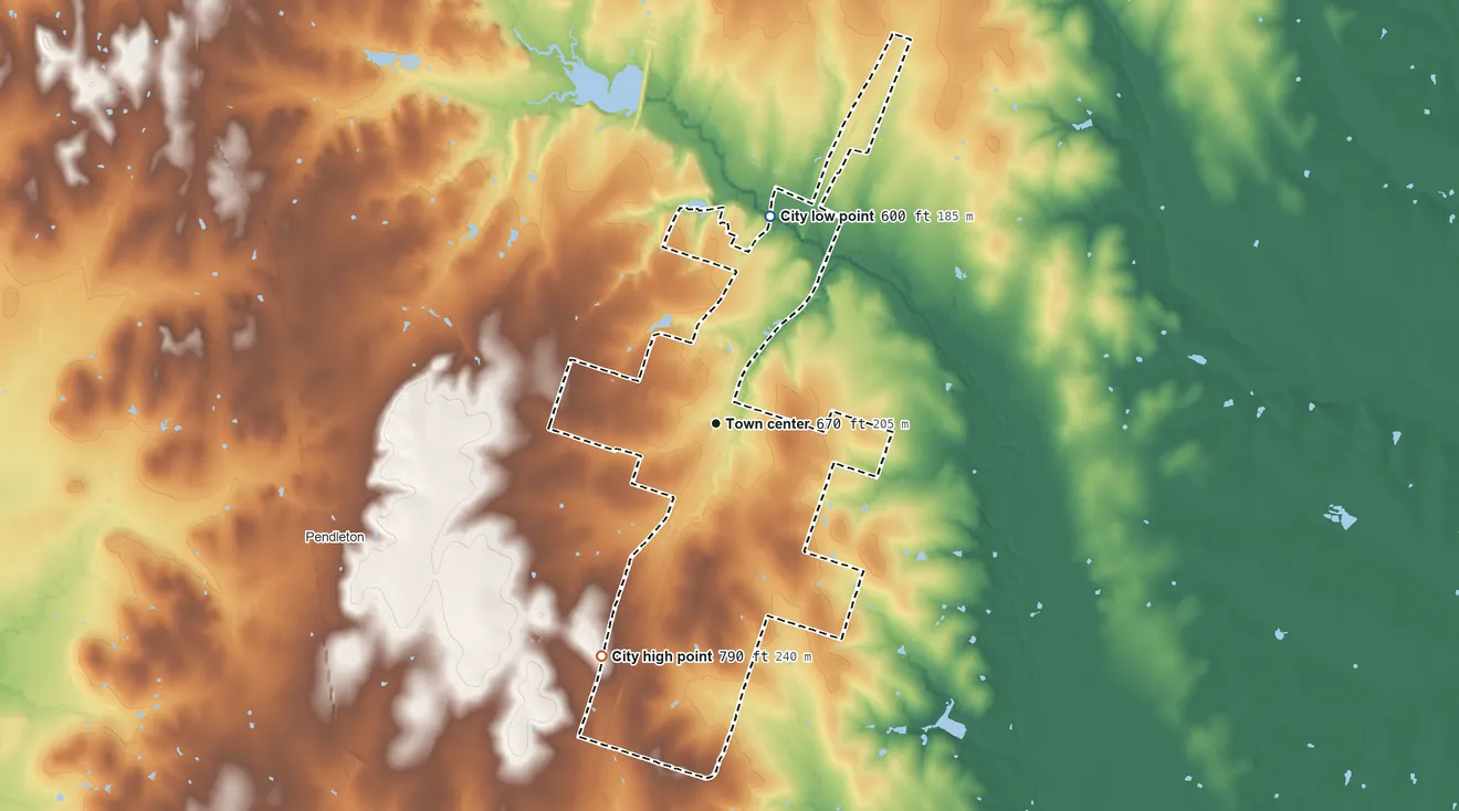 Topographic elevation map of Troy, Texas, shaded from 600 ft on the north side to 790 ft on the southwest side