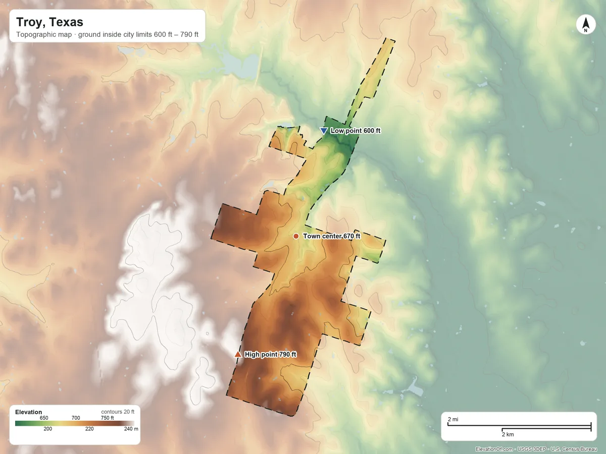 Topographic elevation map of Troy, Texas, shaded from 600 ft on the north side to 790 ft on the southwest side