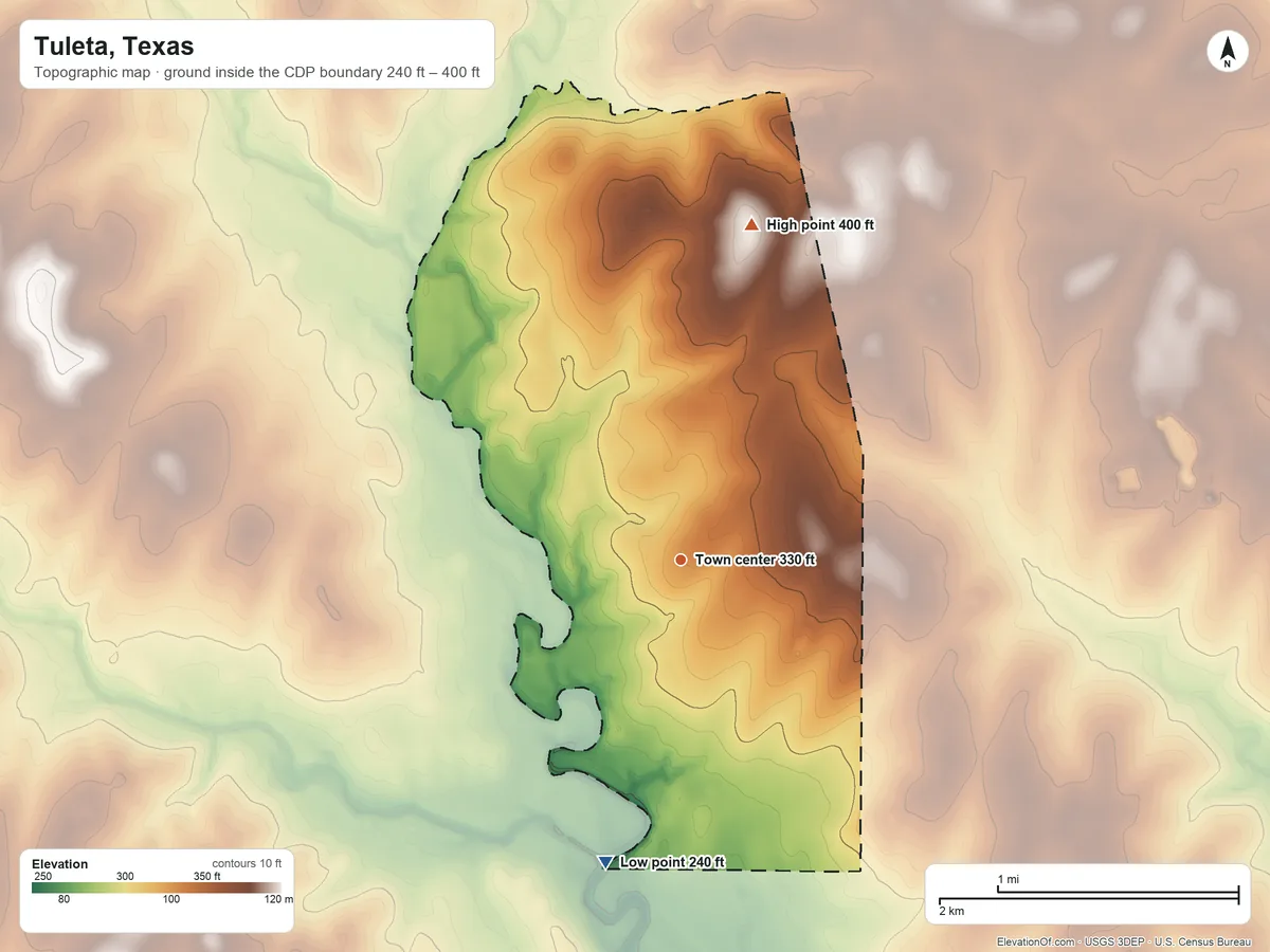 Topographic elevation map of Tuleta, Texas, shaded from 240 ft on the south side to 400 ft on the north side