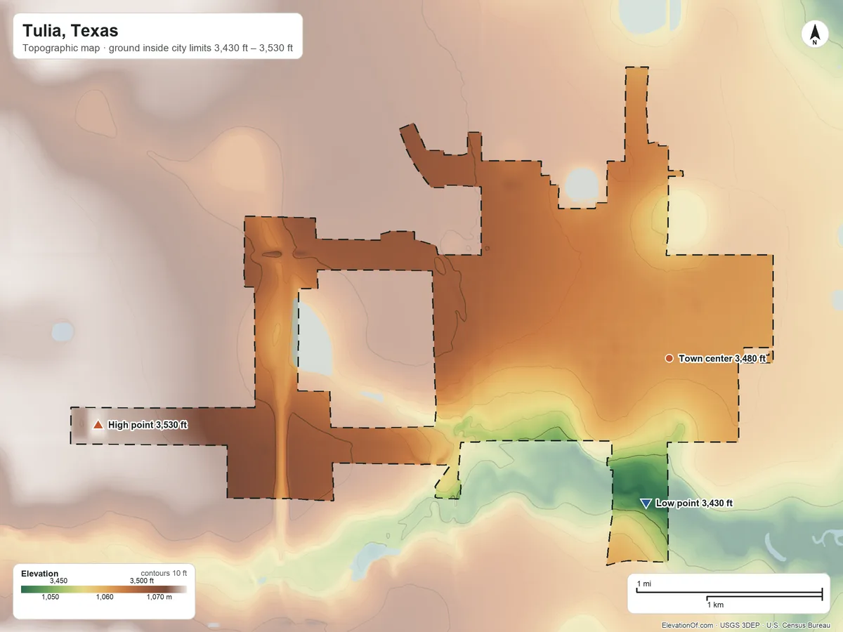 Topographic elevation map of Tulia, Texas, shaded from 3,430 ft on the south side to 3,530 ft on the west side