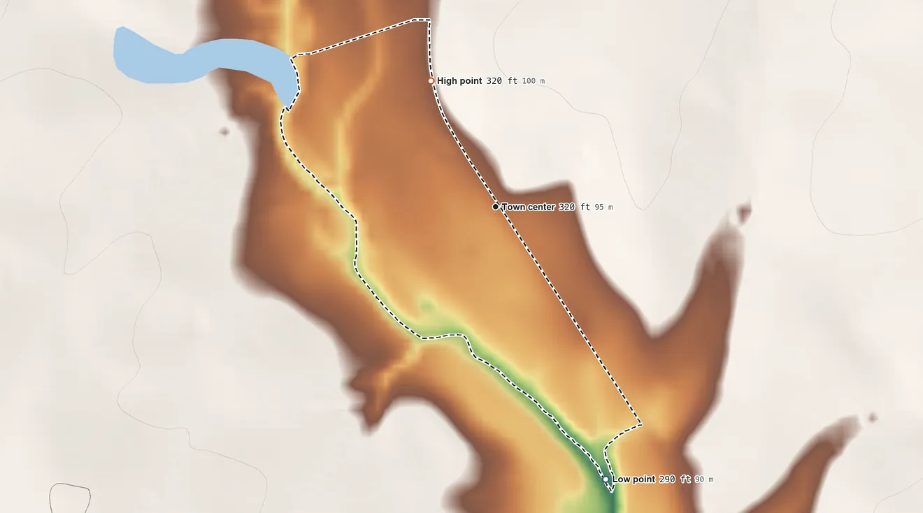 Topographic elevation map of Tulsita, Texas, shaded from 290 ft on the south side to 320 ft on the northwest side