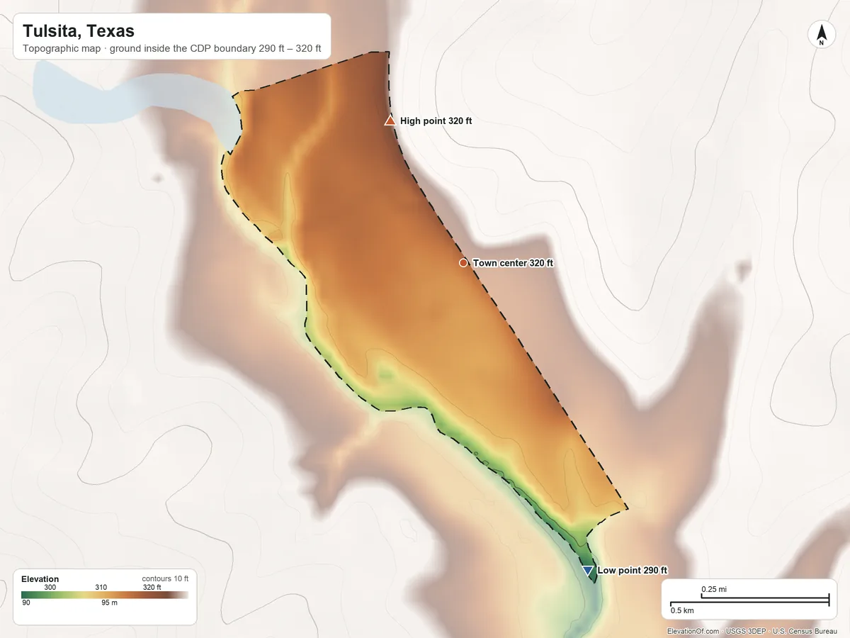 Topographic elevation map of Tulsita, Texas, shaded from 290 ft on the south side to 320 ft on the northwest side