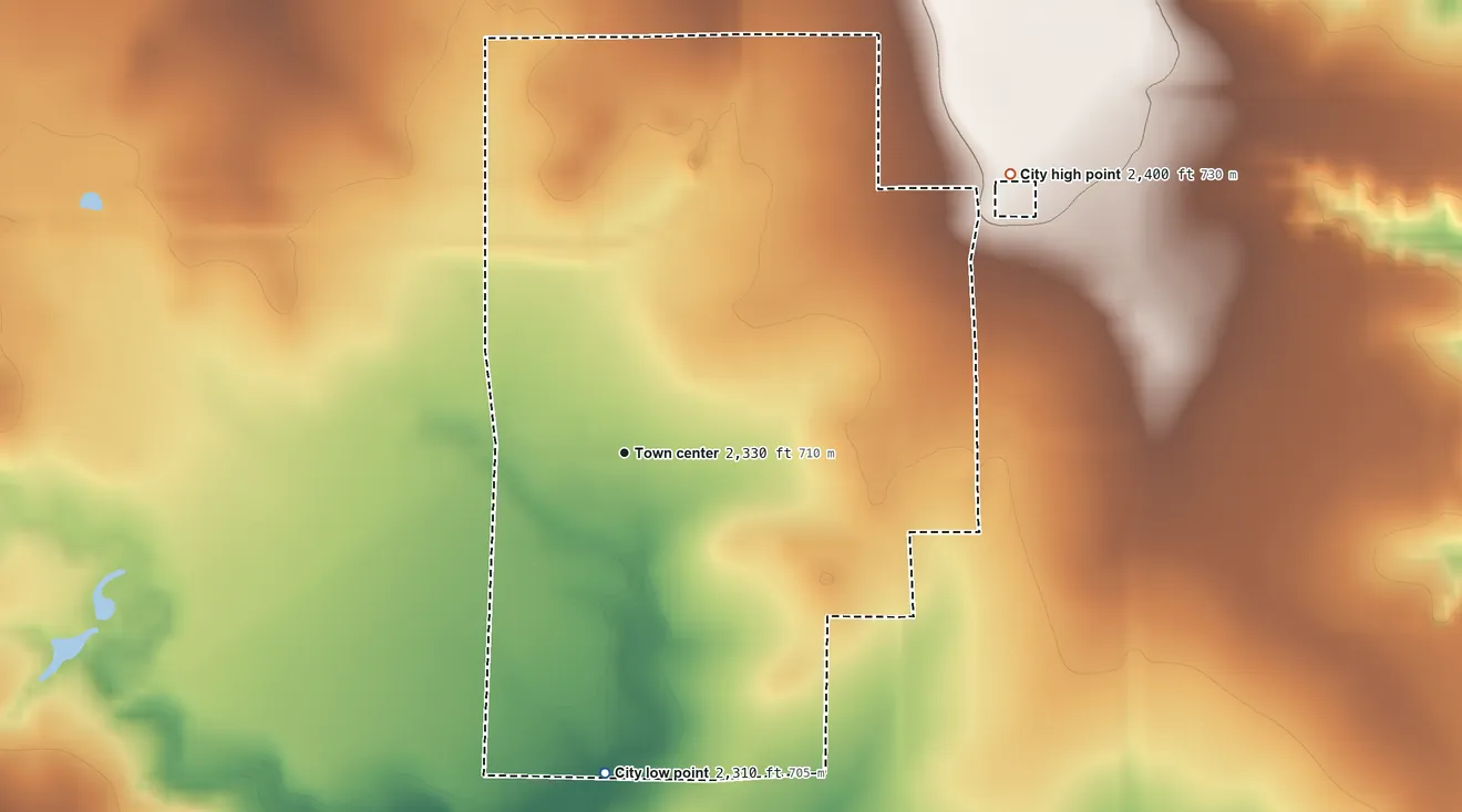 Topographic elevation map of Turkey, Texas, shaded from 2,310 ft on the south side to 2,400 ft on the northeast side
