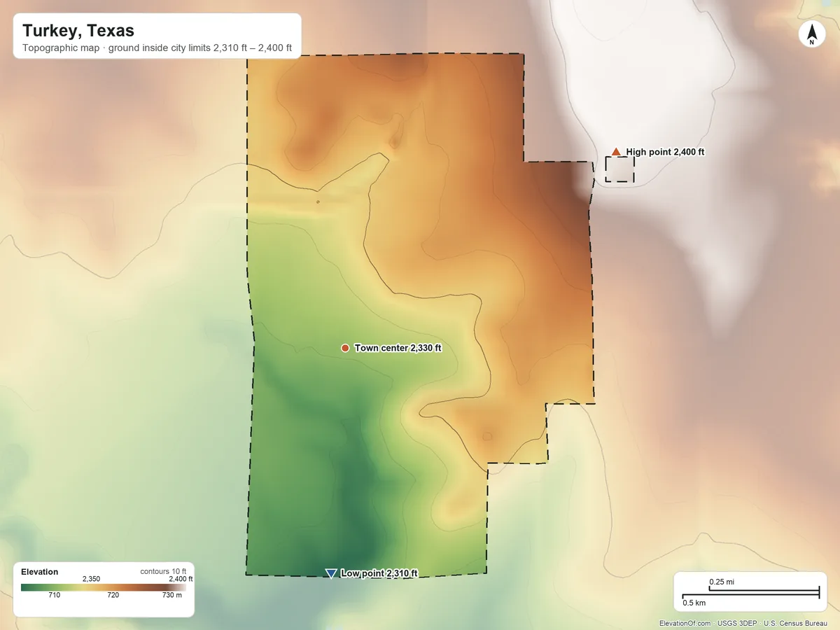 Topographic elevation map of Turkey, Texas, shaded from 2,310 ft on the south side to 2,400 ft on the northeast side
