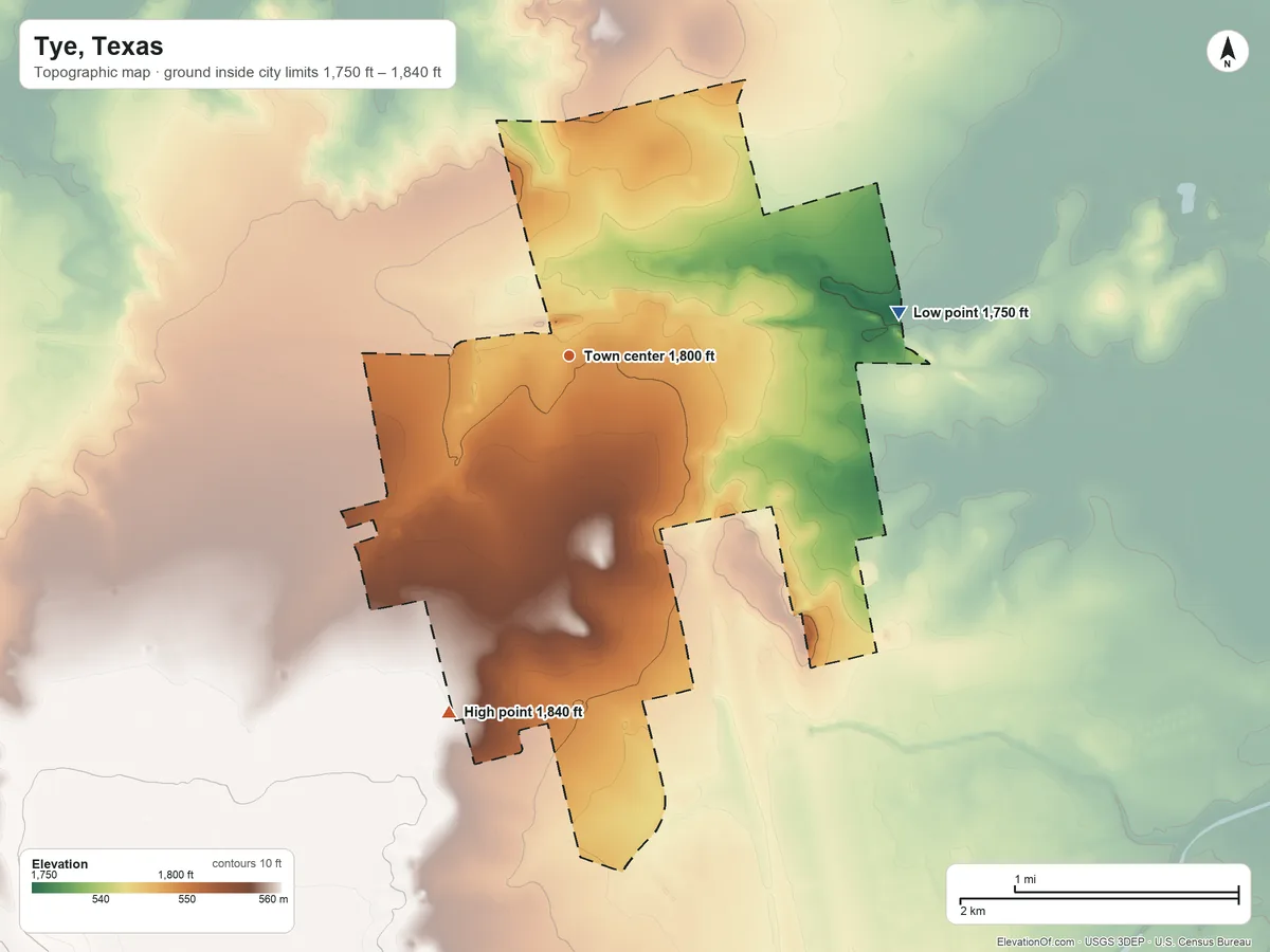 Topographic elevation map of Tye, Texas, shaded from 1,750 ft on the east side to 1,840 ft on the south side