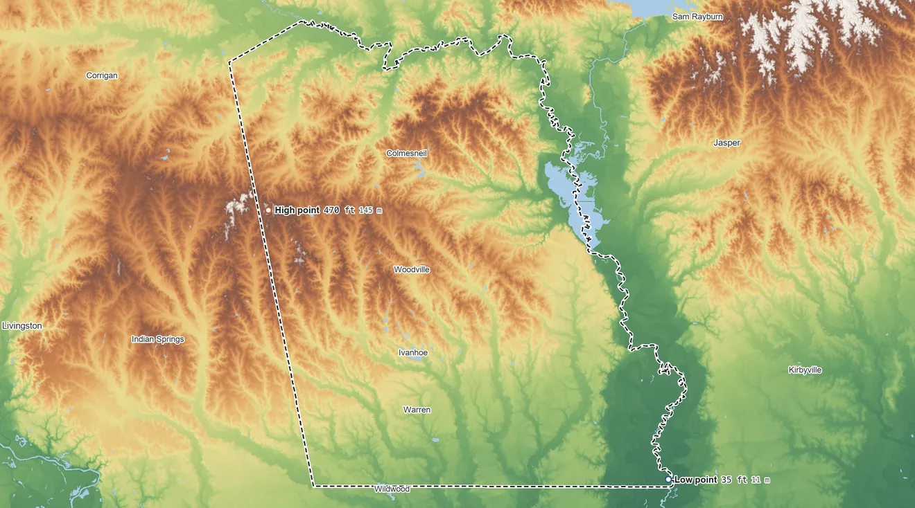 Topographic elevation map of Tyler County, Texas, shaded from 35 ft on the southeast side to 470 ft on the west side