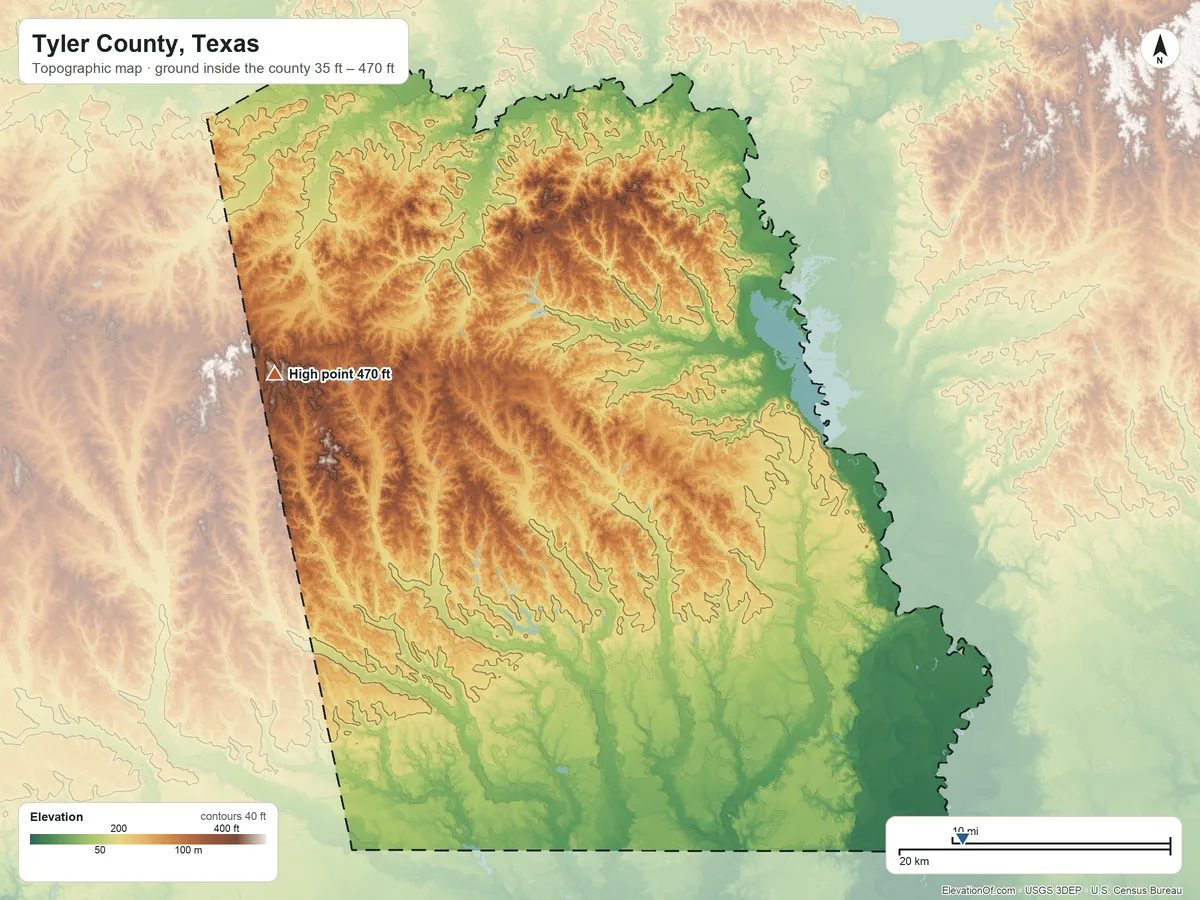 Topographic elevation map of Tyler County, Texas, shaded from 35 ft on the southeast side to 470 ft on the west side