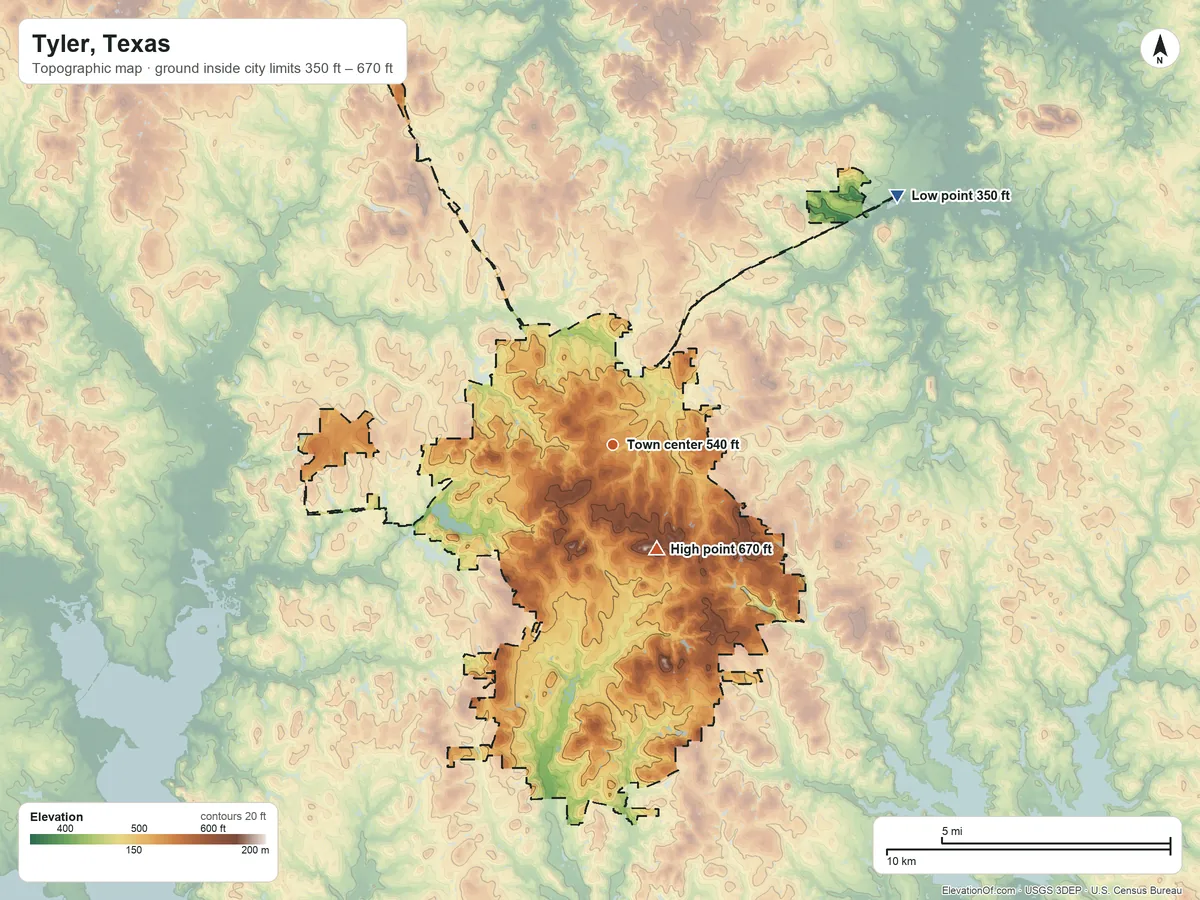 Topographic elevation map of Tyler, Texas, shaded from 350 ft on the northeast side to 670 ft on the southeast side