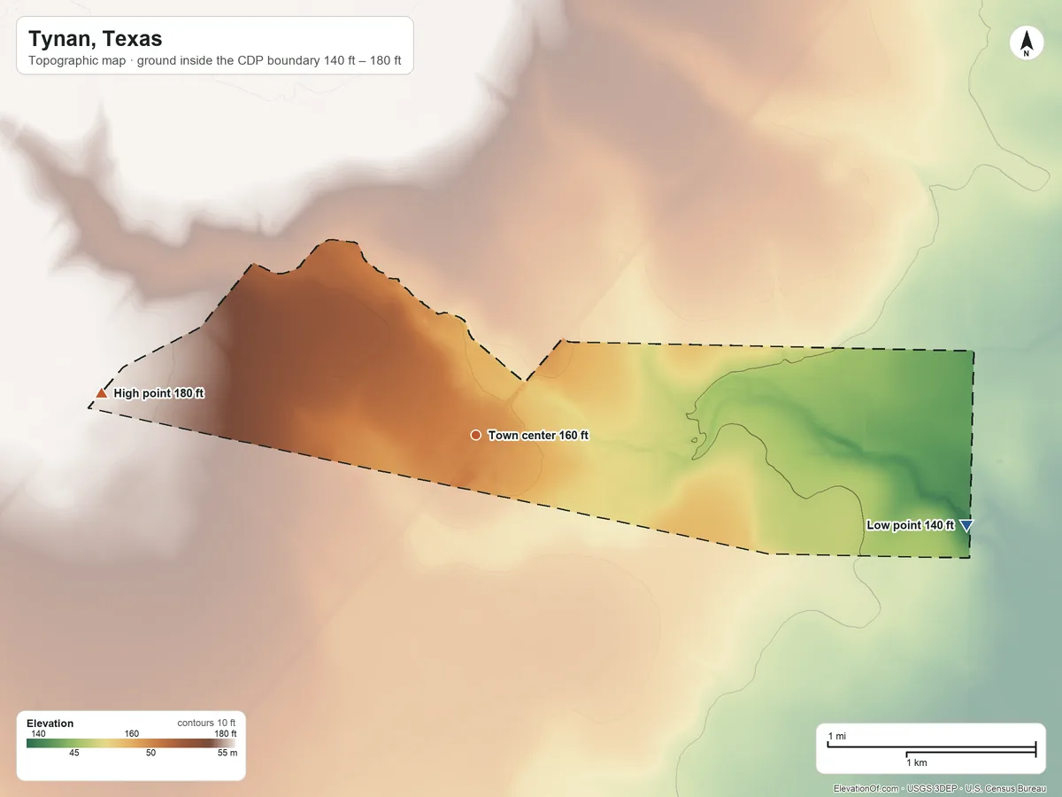 Topographic elevation map of Tynan, Texas, shaded from 140 ft on the east side to 180 ft on the west side