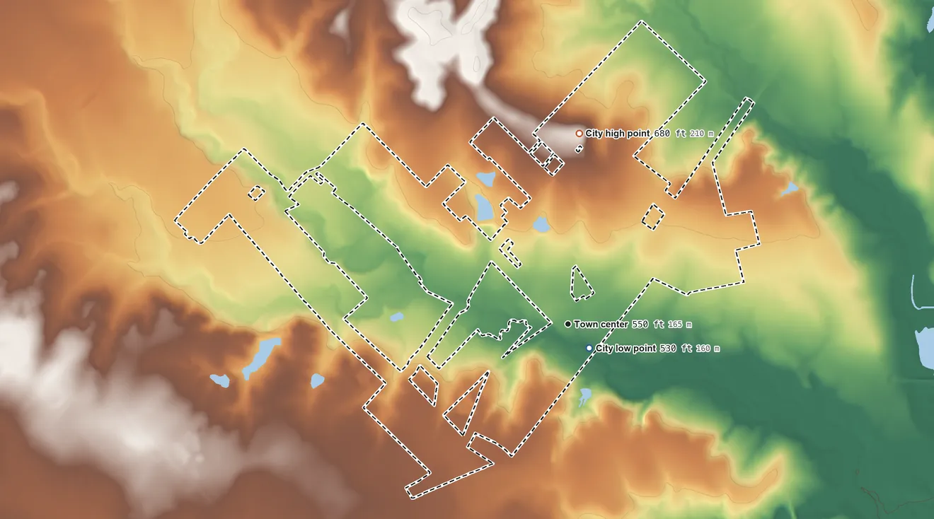 Topographic elevation map of Uhland, Texas, shaded from 530 ft near the middle to 680 ft on the north side