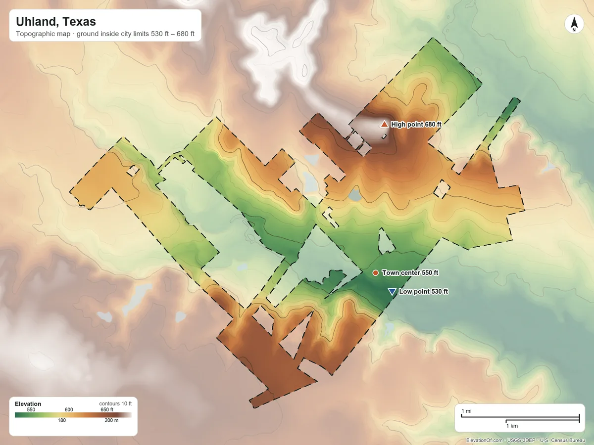 Topographic elevation map of Uhland, Texas, shaded from 530 ft near the middle to 680 ft on the north side
