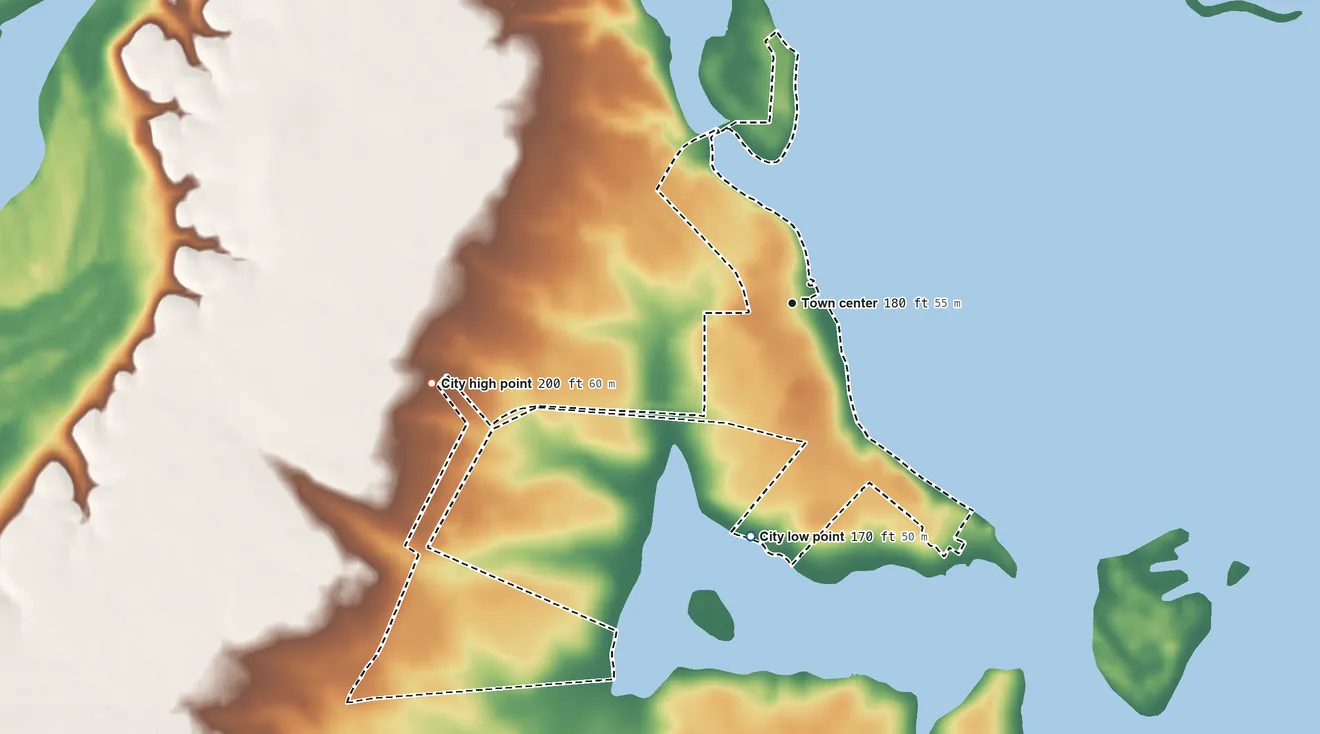 Topographic elevation map of Uncertain, Texas, shaded from 170 ft on the south side to 200 ft on the west side
