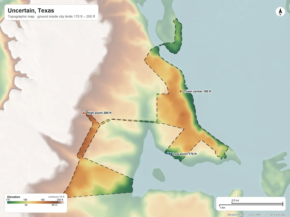 Topographic elevation map of Uncertain, Texas, shaded from 170 ft on the south side to 200 ft on the west side