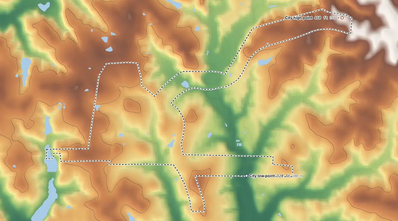 Topographic elevation map of Union Grove, Texas, shaded from 320 ft on the southeast side to 460 ft on the northeast side